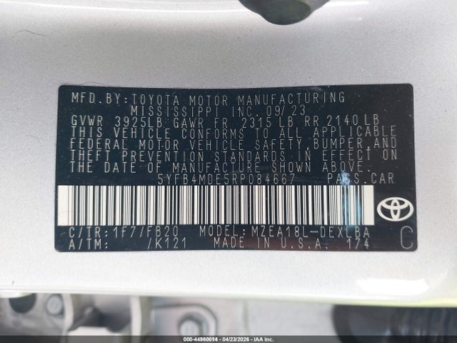 Aukcja sprzedaży 2024 Toyota Corolla Le, vin: 5YFB4MDE5RP084667, numer aukcji: 44960014