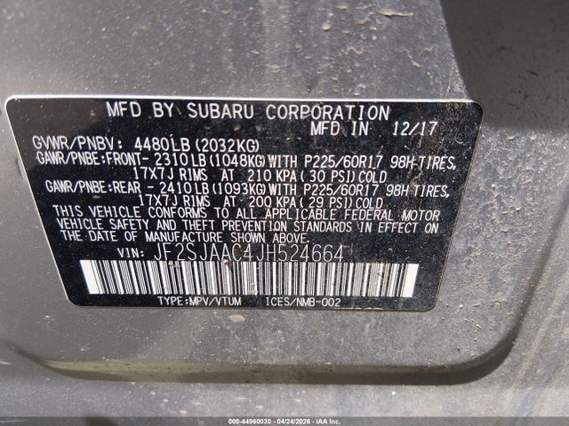 Aukcja sprzedaży 2018 Subaru Forester 2.5i, vin: JF2SJAAC4JH524664, numer aukcji: 44960030