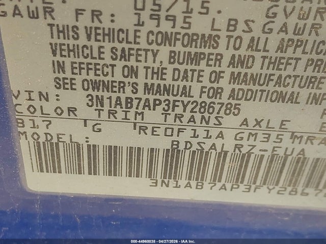 44960038 :رقم المزاد ، 3N1AB7AP3FY286785 vin ، 2015 Nissan Sentra Sr مزاد بيع