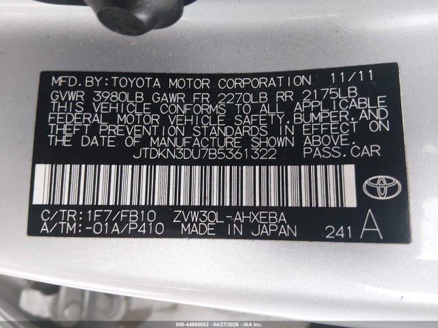 Продажа на аукционе авто 2011 Toyota Prius Three, vin: JTDKN3DU7B5361322, номер лота: 44960052