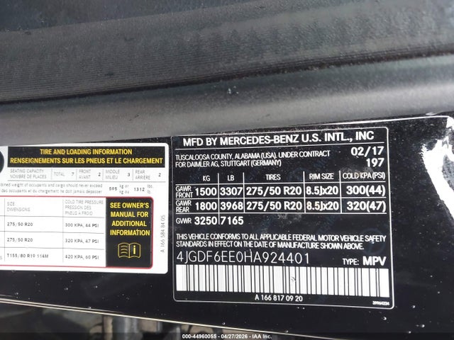44960055 :رقم المزاد ، 4JGDF6EE0HA924401 vin ، 2017 Mercedes-benz Gls 450 4matic مزاد بيع