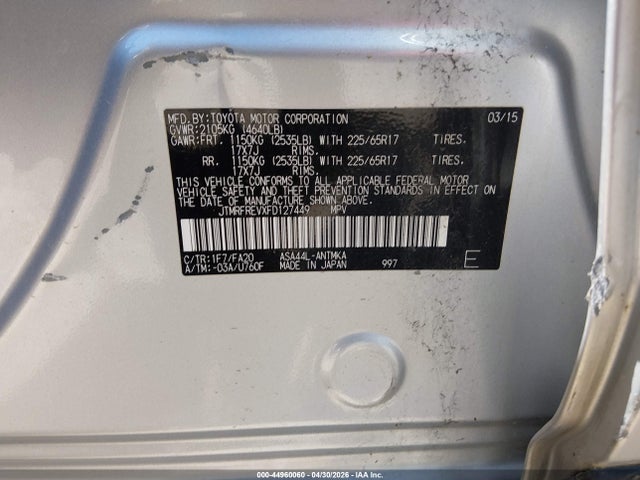 2015 Toyota Rav4 Xle მანქანა იყიდება აუქციონზე, vin: JTMRFREVXFD127449, აუქციონის ნომერი: 44960060