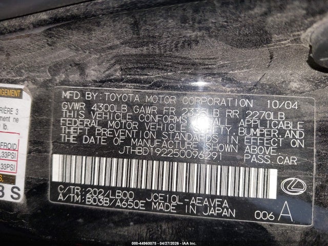 Aukcja sprzedaży 2005 Lexus Is 300, vin: JTHBD192250096291, numer aukcji: 44960075