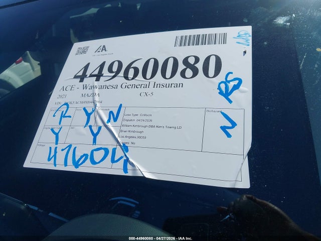 Продажа на аукционе авто 2021 Mazda Cx-5 Touring, vin: JM3KFACM4M0442904, номер лота: 44960080
