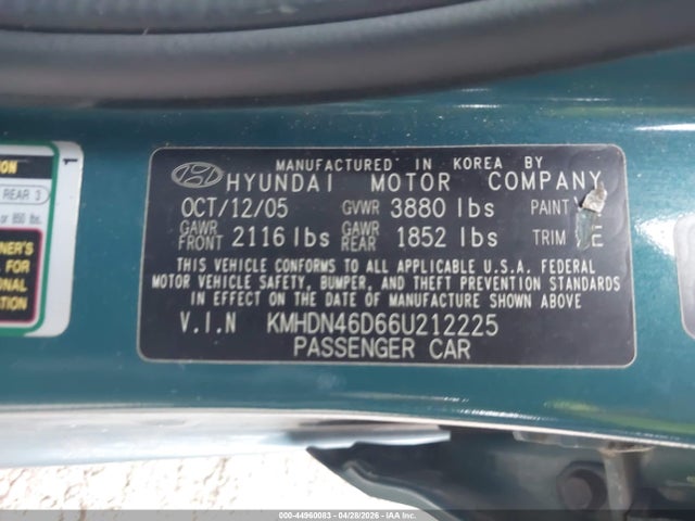 Aukcja sprzedaży 2006 Hyundai Elantra Gls/limited, vin: KMHDN46D66U212225, numer aukcji: 44960083