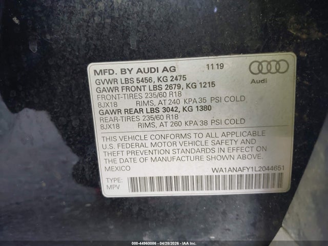 Продаж на аукціоні авто 2020 Audi Q5 Premium 45 Tfsi Quattro S Tronic/titanium Premium 45 Tfsi Quattro S Tronic, vin: WA1ANAFY1L2044651, номер лоту: 44960086
