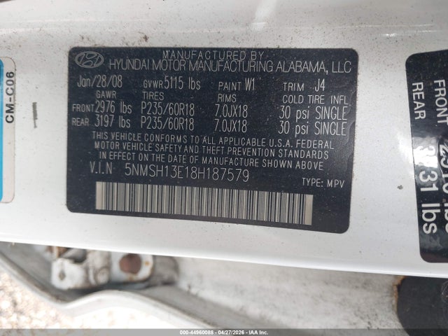 2008 Hyundai Santa Fe Limited/se მანქანა იყიდება აუქციონზე, vin: 5NMSH13E18H187579, აუქციონის ნომერი: 44960088