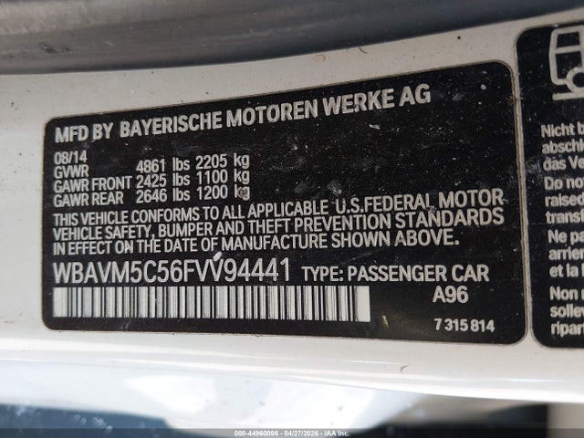 Продажа на аукционе авто 2015 Bmw X1 Xdrive35i, vin: WBAVM5C56FVV94441, номер лота: 44960096