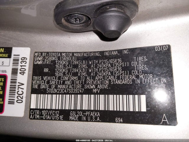 Продаж на аукціоні авто 2007 Toyota Sienna Le, vin: 5TDZK23C47S039247, номер лоту: 44960100