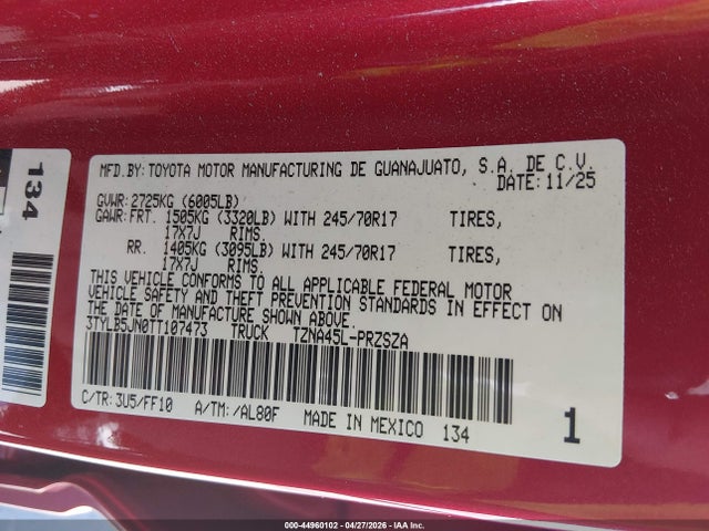 Aukcja sprzedaży 2026 Toyota Tacoma Sr5, vin: 3TYLB5JN0TT107473, numer aukcji: 44960102