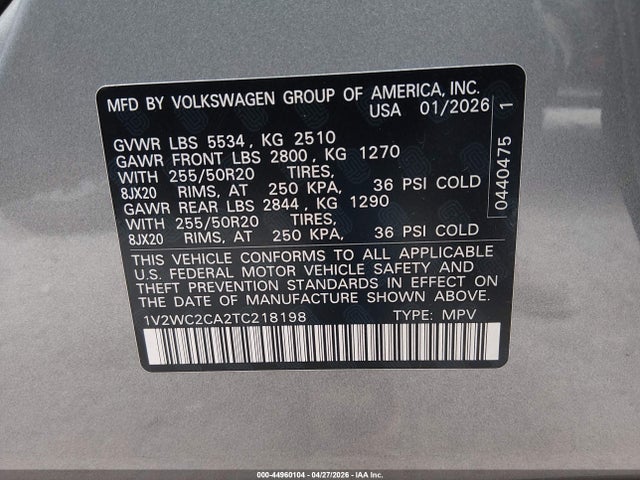 Продажа на аукционе авто 2026 Volkswagen Atlas Cross Sport Se With Technology, vin: 1V2WC2CA2TC218198, номер лота: 44960104