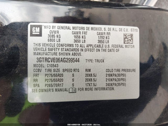 2010 Gmc Sierra 1500 Sle მანქანა იყიდება აუქციონზე, vin: 3GTRCVE06AG299544, აუქციონის ნომერი: 44960106