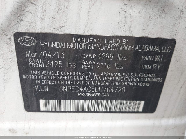 44960114 :رقم المزاد ، 5NPEC4AC5DH704720 vin ، 2013 Hyundai Sonata Limited مزاد بيع