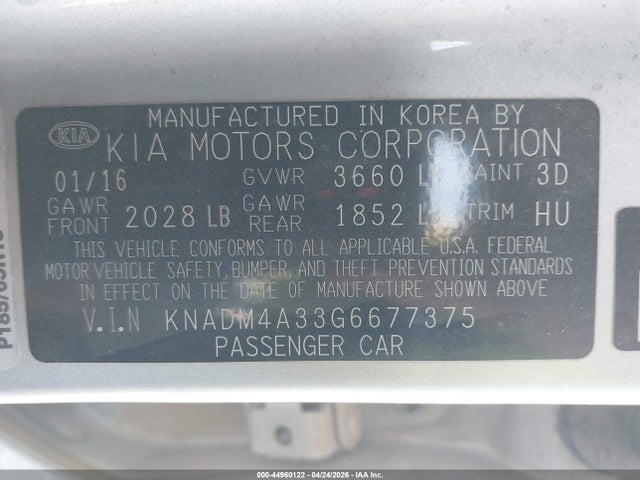 Aukcja sprzedaży 2016 Kia Rio Lx, vin: KNADM4A33G6677375, numer aukcji: 44960122