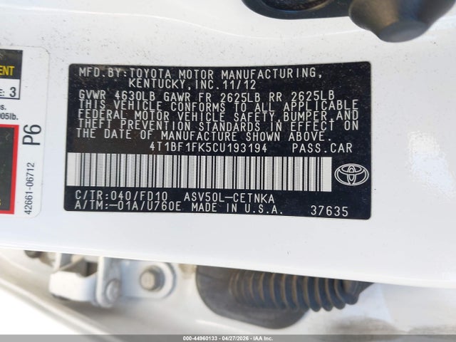 Aukcja sprzedaży 2012 Toyota Camry Le, vin: 4T1BF1FK5CU193194, numer aukcji: 44960133