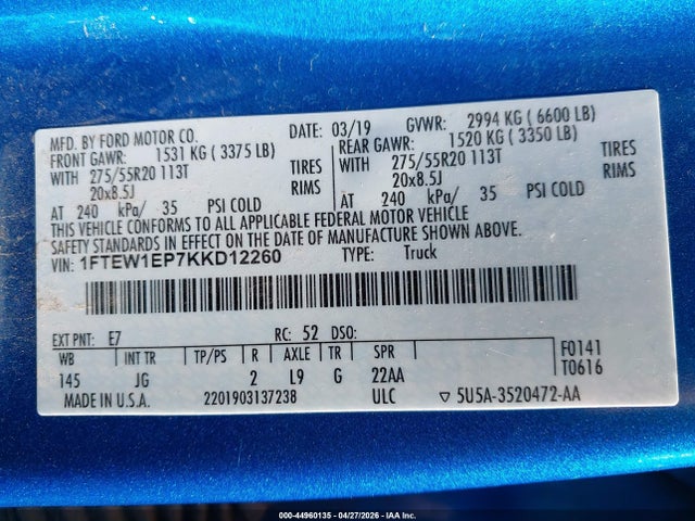 44960135 :رقم المزاد ، 1FTEW1EP7KKD12260 vin ، 2019 Ford F-150 Xl مزاد بيع