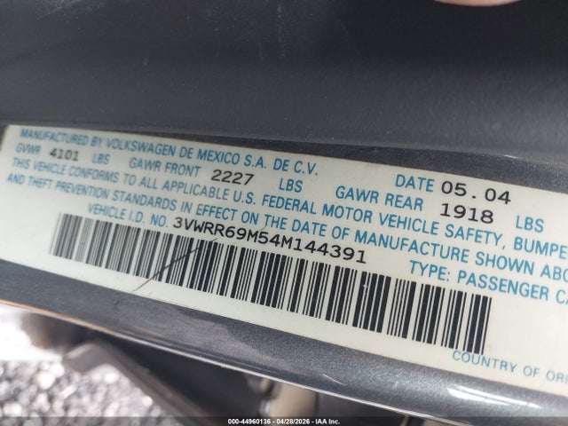Aukcja sprzedaży 2004 Volkswagen Jetta Gl Tdi, vin: 3VWRR69M54M144391, numer aukcji: 44960136