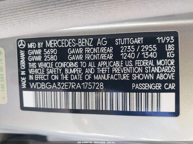 44960158 :رقم المزاد ، WDBGA32E7RA175728 vin ، 1994 Mercedes-benz S 320 مزاد بيع
