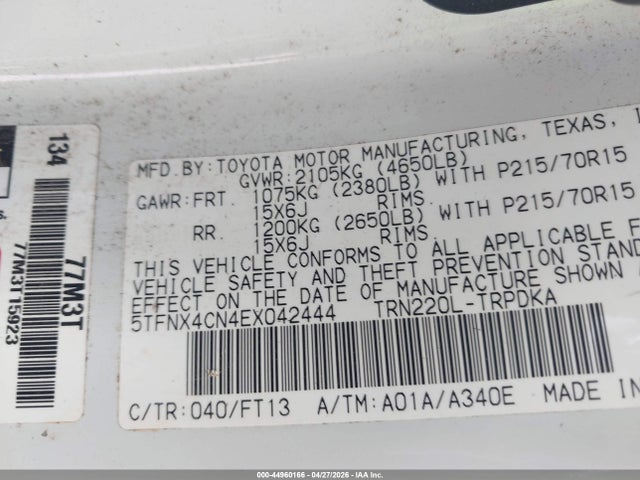 44960166 :رقم المزاد ، 5TFNX4CN4EX042444 vin ، 2014 Toyota Tacoma مزاد بيع