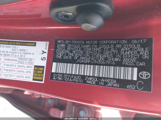 Aukcja sprzedaży 2017 Toyota Prius Two, vin: JTDKBRFU7H3567916, numer aukcji: 44960170
