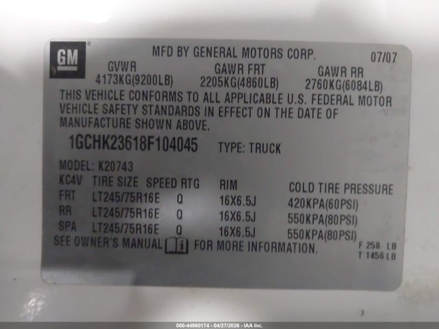 Продажа на аукционе авто 2008 Chevrolet Silverado 2500hd Lt1, vin: 1GCHK23618F104045, номер лота: 44960174