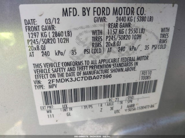 Продажа на аукционе авто 2013 Ford Edge Sel, vin: 2FMDK3JC7DBA07596, номер лота: 44960176