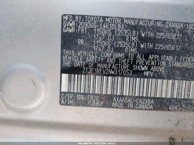 Aukcja sprzedaży 2022 Toyota Rav4 Le, vin: 2T3F1RFV2NW317053, numer aukcji: 44960182