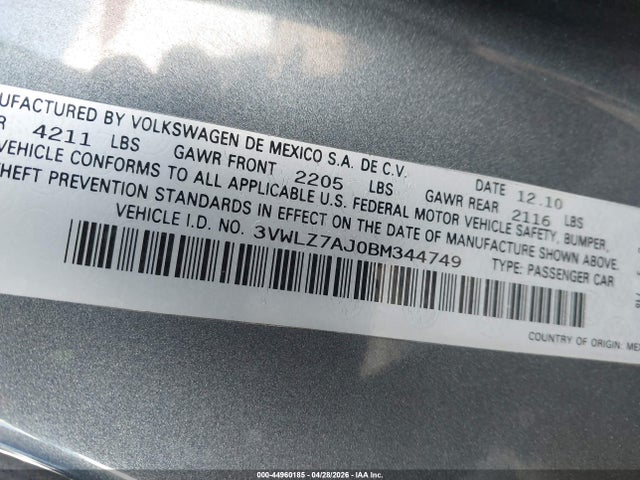 44960185 :رقم المزاد ، 3VWLZ7AJ0BM344749 vin ، 2011 Volkswagen Jetta 2.5l Sel مزاد بيع