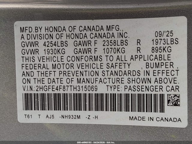 Продажа на аукционе авто 2026 Honda Civic Hybrid Sport/sport Touring, vin: 2HGFE4F87TH315069, номер лота: 44960193