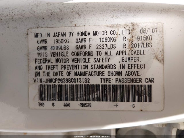 Продажа на аукционе авто 2008 Honda Accord 2.4 Lx, vin: JHMCP26398C013182, номер лота: 44960222