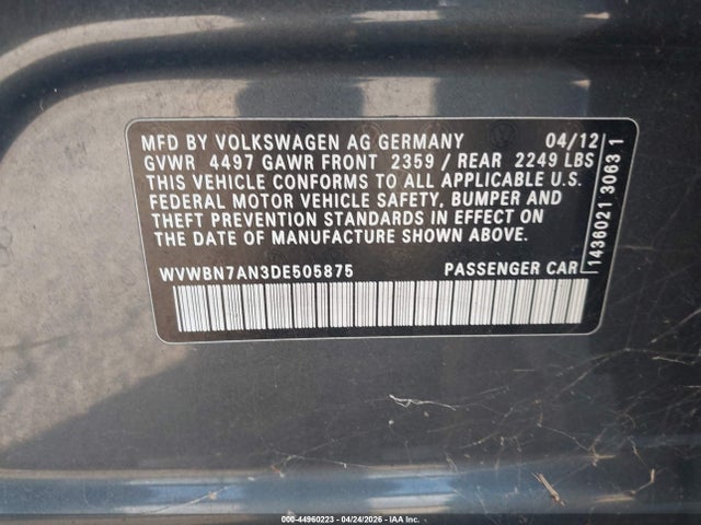 Aukcja sprzedaży 2013 Volkswagen Cc 2.0t Sport, vin: WVWBN7AN3DE505875, numer aukcji: 44960223