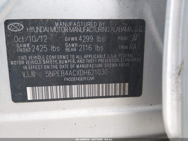 2013 Hyundai Sonata Gls მანქანა იყიდება აუქციონზე, vin: 5NPEB4ACXDH621030, აუქციონის ნომერი: 44960230