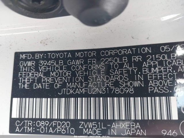 2022 Toyota Prius Le მანქანა იყიდება აუქციონზე, vin: JTDKAMFU2N3178098, აუქციონის ნომერი: 44960237