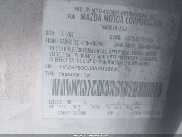 44960241 :رقم المزاد ، 1YVHP80C385M12669 vin ، 2008 Mazda Mazda6 I Sport Ve مزاد بيع