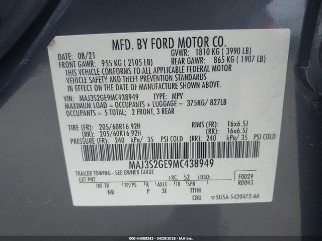 Aukcja sprzedaży 2021 Ford Ecosport Se, vin: MAJ3S2GE9MC438949, numer aukcji: 44960243
