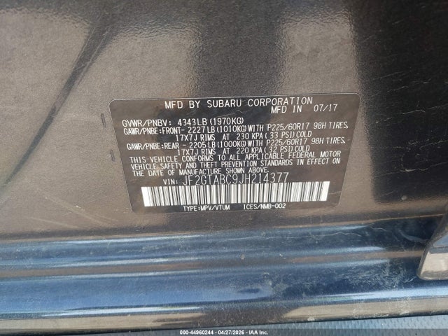 44960244 :رقم المزاد ، JF2GTABC9JH214377 vin ، 2018 Subaru Crosstrek 2.0i Premium مزاد بيع