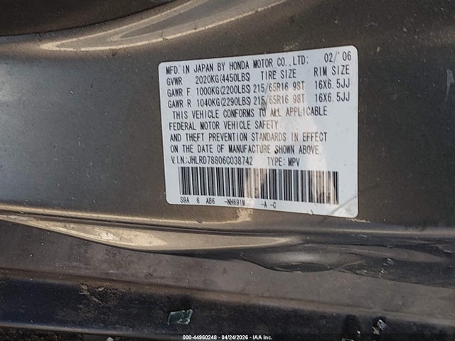 Продажа на аукционе авто 2006 Honda Cr-v Ex, vin: JHLRD78806C038742, номер лота: 44960248