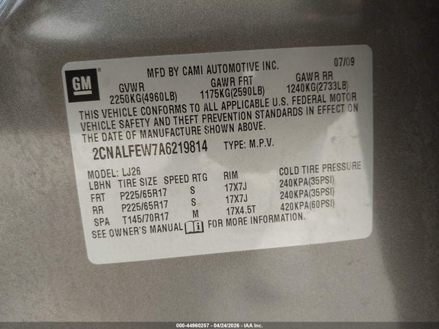 Продаж на аукціоні авто 2010 Chevrolet Equinox Ltz, vin: 2CNALFEW7A6219814, номер лоту: 44960257