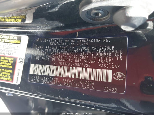 Продаж на аукціоні авто 2019 Toyota Camry Se, vin: 4T1B11HK3KU807296, номер лоту: 44960258