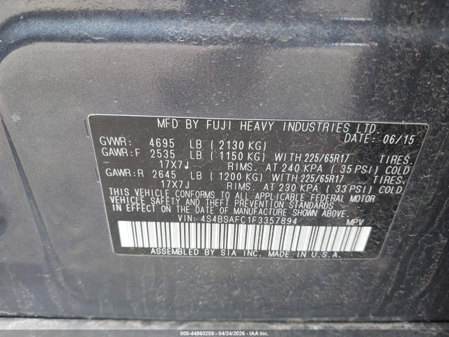 44960259 :رقم المزاد ، 4S4BSAFC1F3357894 vin ، 2015 Subaru Outback 2.5i Premium مزاد بيع