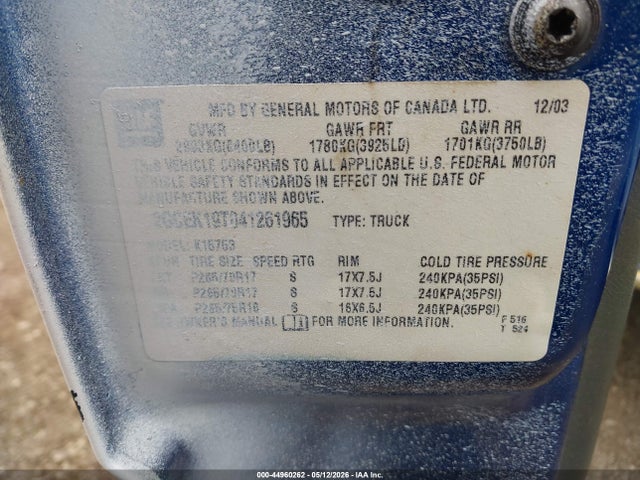 2004 Chevrolet Silverado 1500 Z71 მანქანა იყიდება აუქციონზე, vin: 2GCEK19T041261965, აუქციონის ნომერი: 44960262