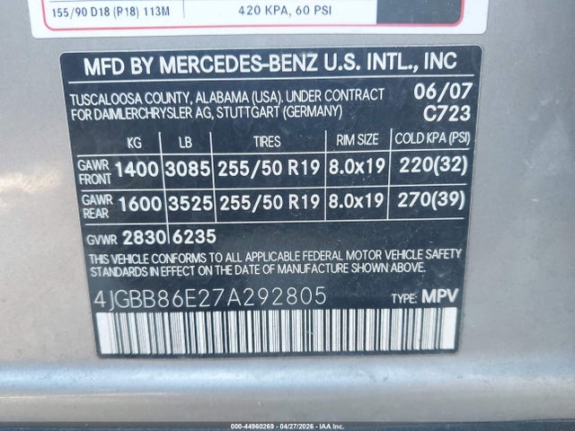 Продажа на аукционе авто 2007 Mercedes-benz Ml 350 4matic, vin: 4JGBB86E27A292805, номер лота: 44960269