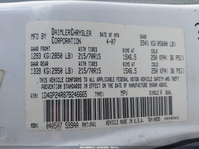 Aukcja sprzedaży 2007 Dodge Grand Caravan Se, vin: 1D4GP24R87B246665, numer aukcji: 44960273
