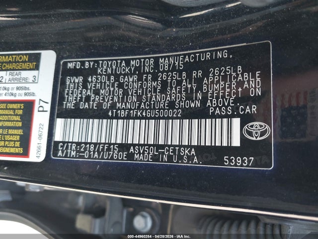 Toyota CAMRY SE 2016 4T1BF1FK4GU500022 Image 9