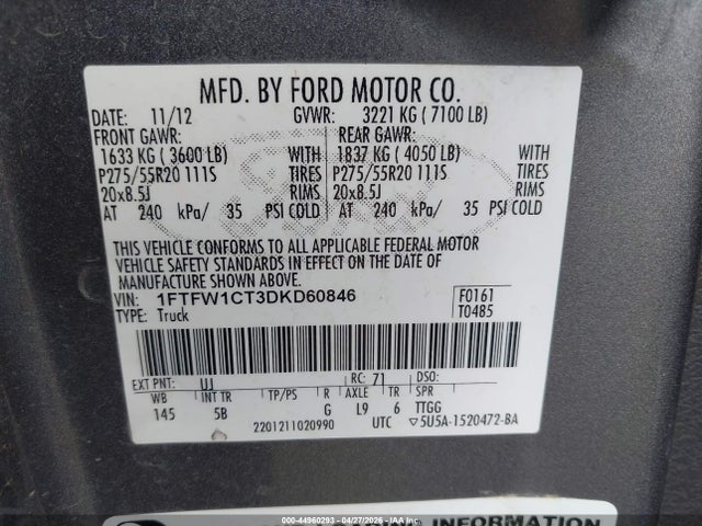 Продажа на аукционе авто 2013 Ford F-150 Fx2, vin: 1FTFW1CT3DKD60846, номер лота: 44960293