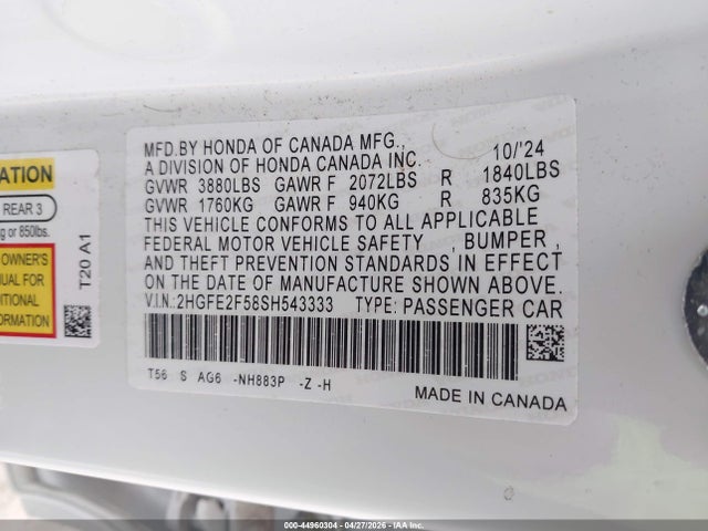 2HGFE2F58SH543333 Honda Civic Sport