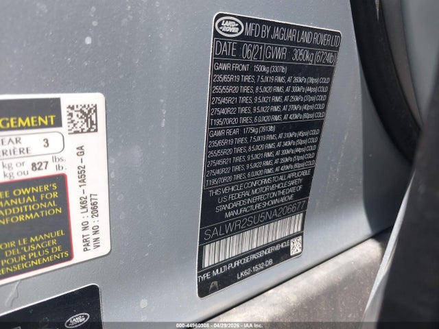 Aukcja sprzedaży 2022 Land Rover Range Rover Sport Hse Silver Edition Mhev, vin: SALWR2SU5NA206677, numer aukcji: 44960308