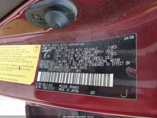 Продажа на аукционе авто 2006 Toyota Highlander Limited V6, vin: JTEEP21A760174527, номер лота: 44960320