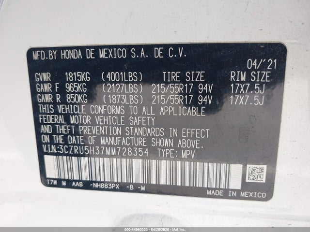 3CZRU5H37MM728354 Honda Hr-v 2wd Lx