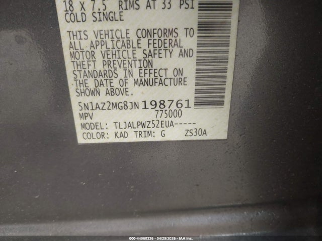 2018 Nissan Murano S მანქანა იყიდება აუქციონზე, vin: 5N1AZ2MG8JN198761, აუქციონის ნომერი: 44960326